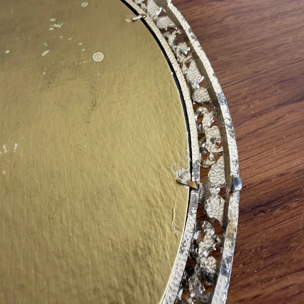 Vintage Ornate Oval Vanity Mirror Cast Metal Floral Filigree Hollywood Regency